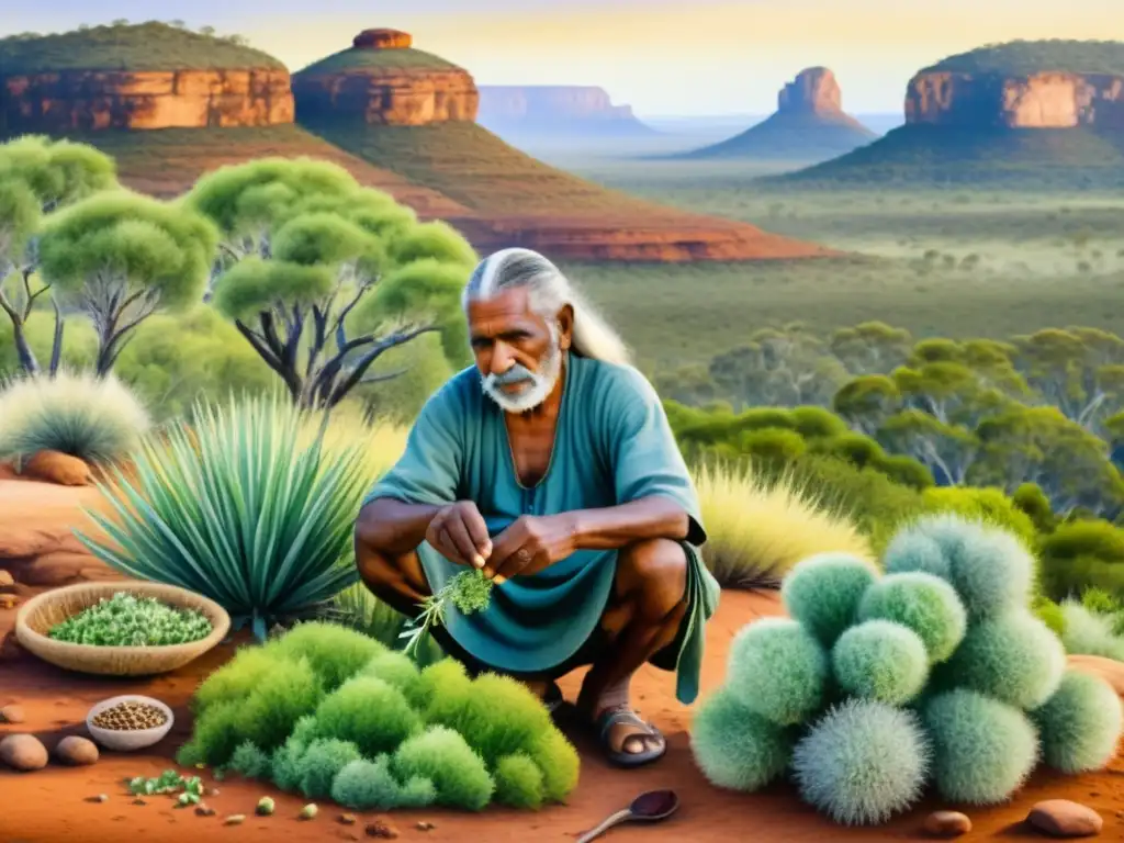 Un anciano aborigen recolecta hierbas medicinales en el outback australiano