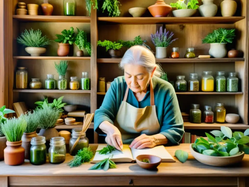 Un anciano herbolario arregla hierbas y plantas en una mesa de madera, rodeado de estantes con libros antiguos y frascos de ingredientes