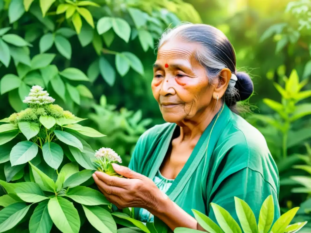 Un anciano indígena cultiva plantas medicinales en un jardín tradicional, conectado a la etnobotánica de su pueblo originario