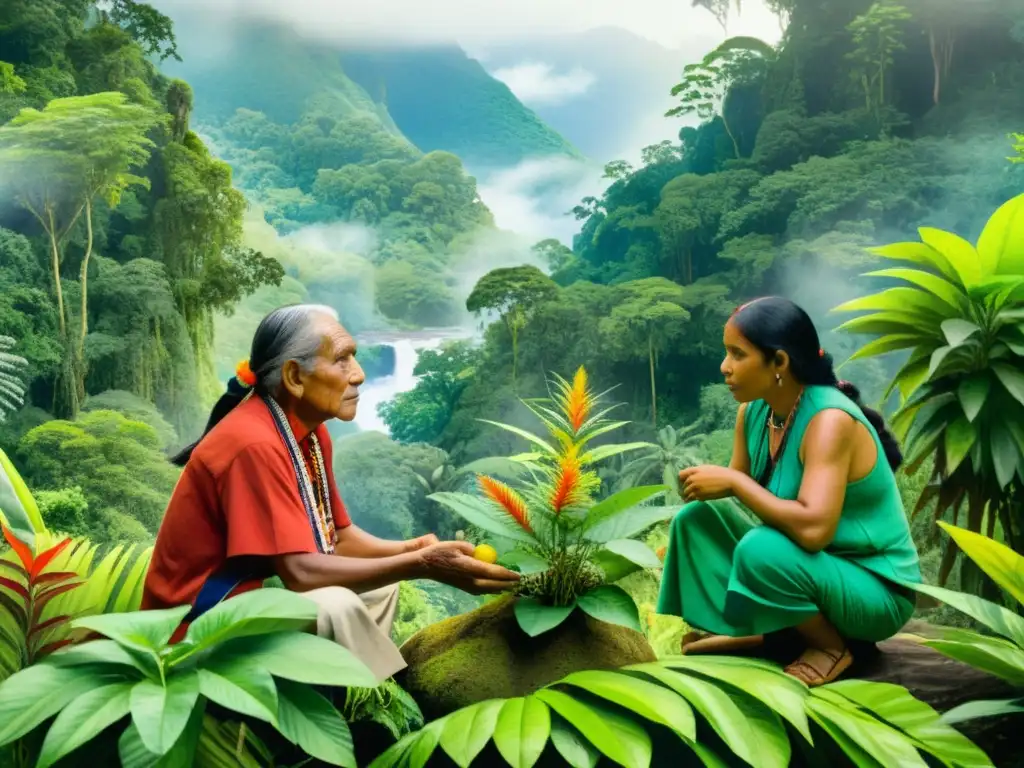 Transmisión de Sabiduría Ancestral: Elder y Jóvenes en la Selva Un anciano indígena comparte sabiduría sobre plantas medicinales con jóvenes en la selva