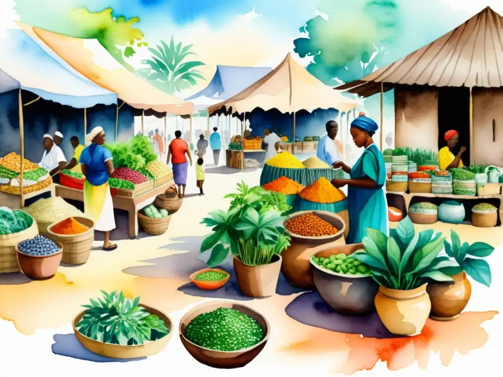 Animado mercado africano con vibrantes puestos de plantas medicinales africanas de uso tradicional, capturando la esencia de la curación herbal