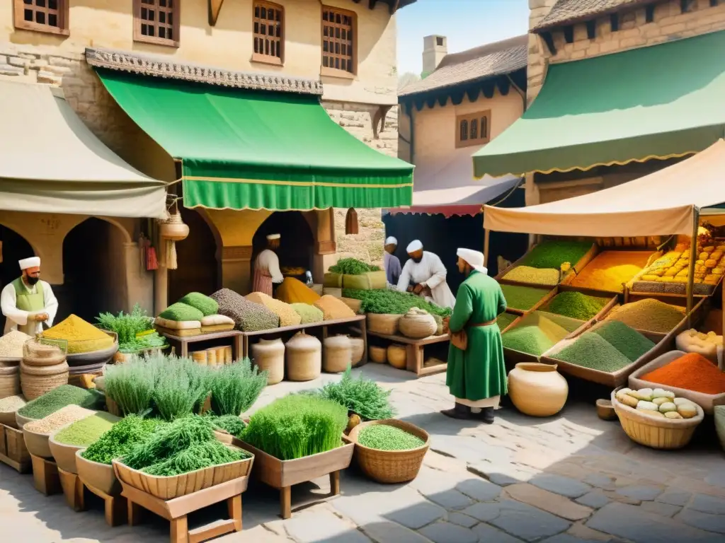 En un animado mercado de hierbas islámicas medievales, los mercaderes ofrecen variadas plantas bajo toldos coloridos