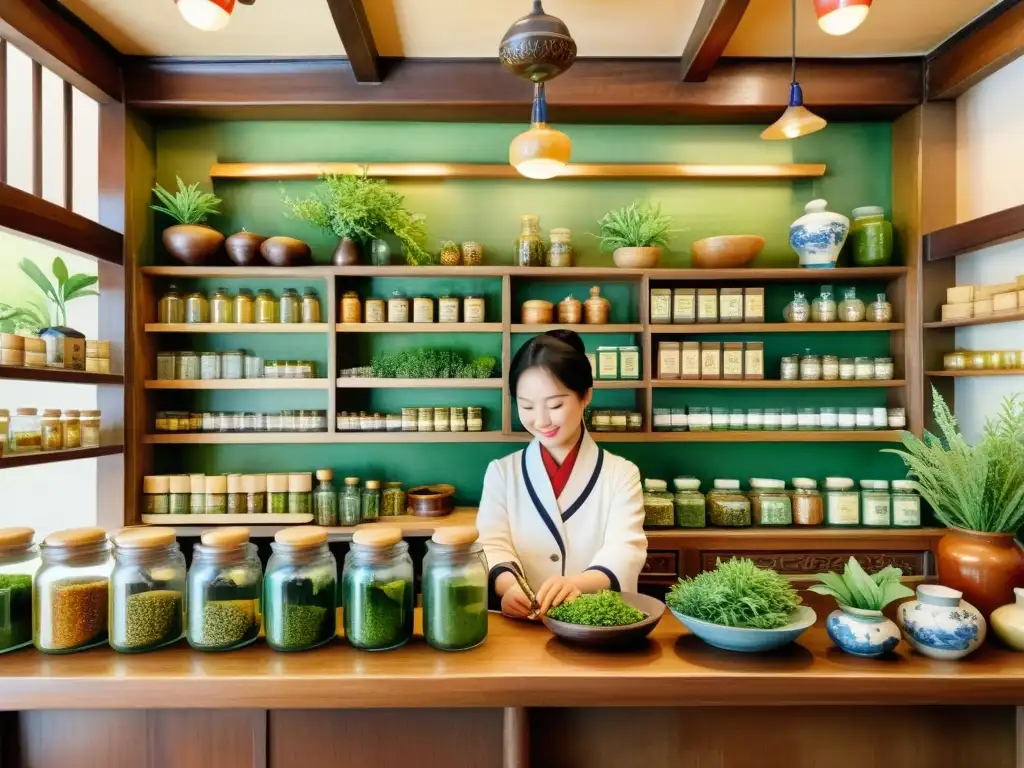 Un antiguo herborista chino mezcla hierbas en su tienda, evocando la milenaria fitoterapia tradicional China