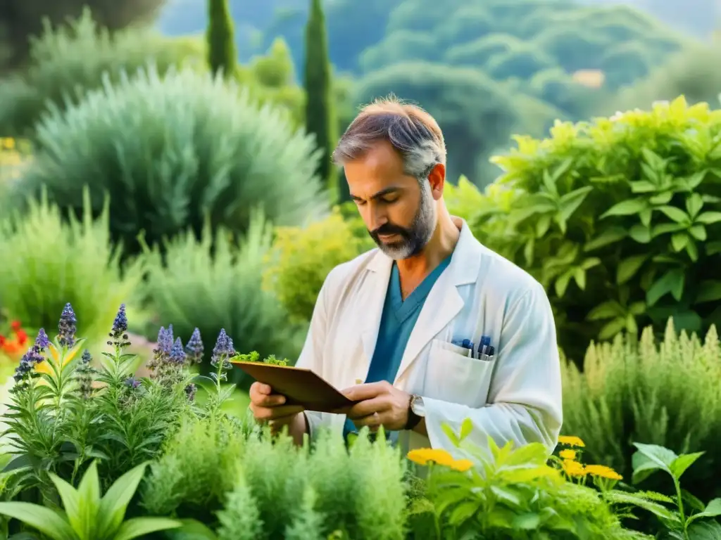 Un antiguo médico griego selecciona hierbas medicinales en un jardín soleado y exuberante, transmitiendo conocimiento y reverencia por la naturaleza