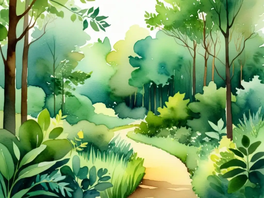 Un apacible bosque ilustrado en acuarela con flora silvestre y un sendero serpenteante