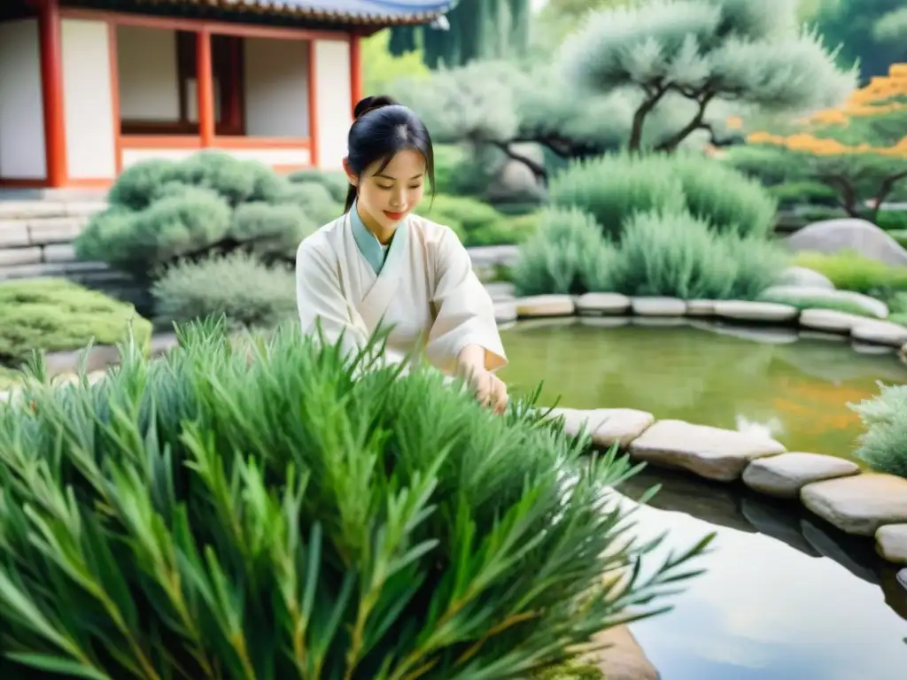 Un apacible jardín chino con recolección de romero, evocando la armonía y curación natural