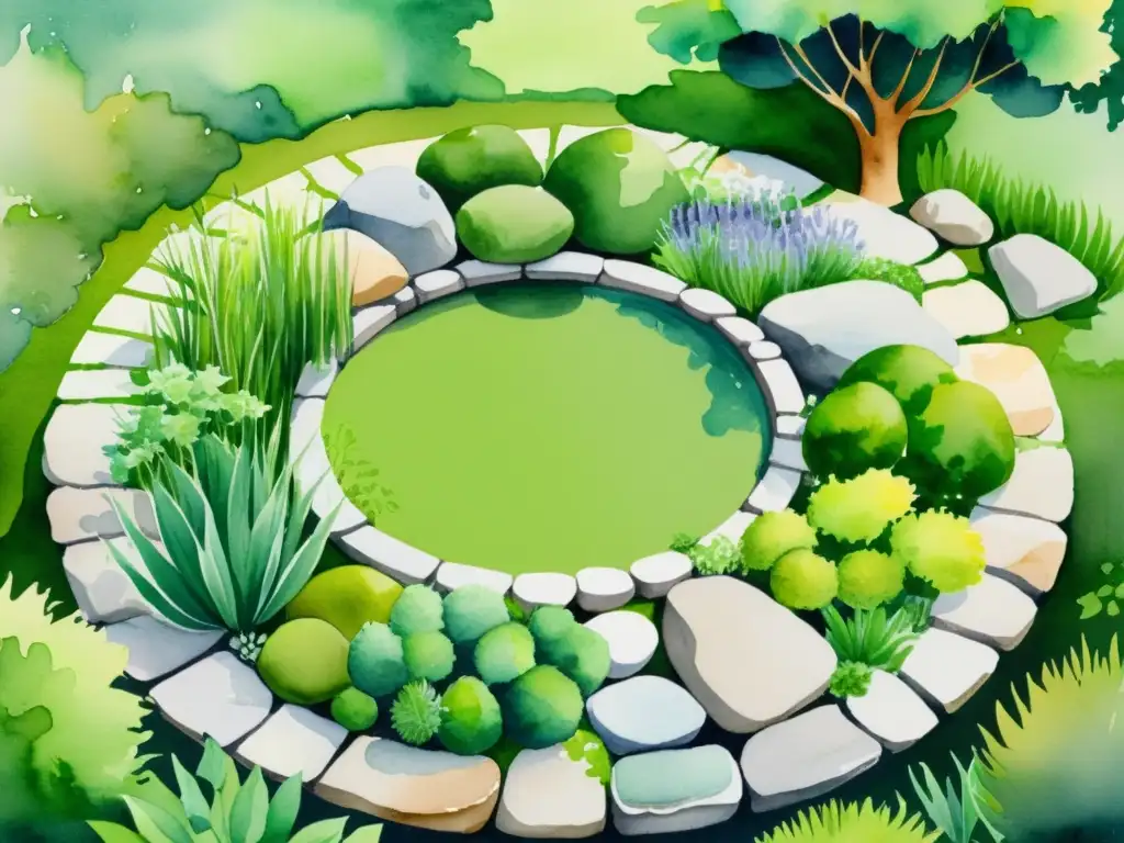 Jardín de hierbas armonioso: diseño Feng Shui en acuarela Un apacible jardín de hierbas con diseño Feng Shui: un oasis armonioso con hierbas, agua y una atmósfera serena