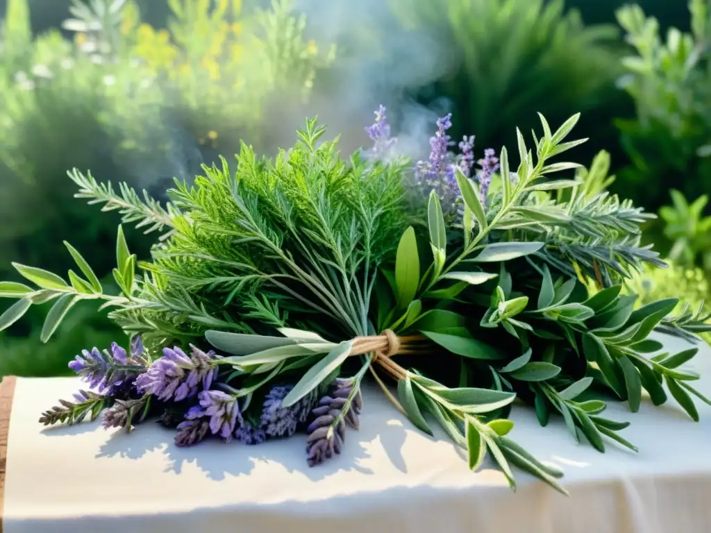 Un apacible jardín soleado con hierbas vibrantes y humo sagrado