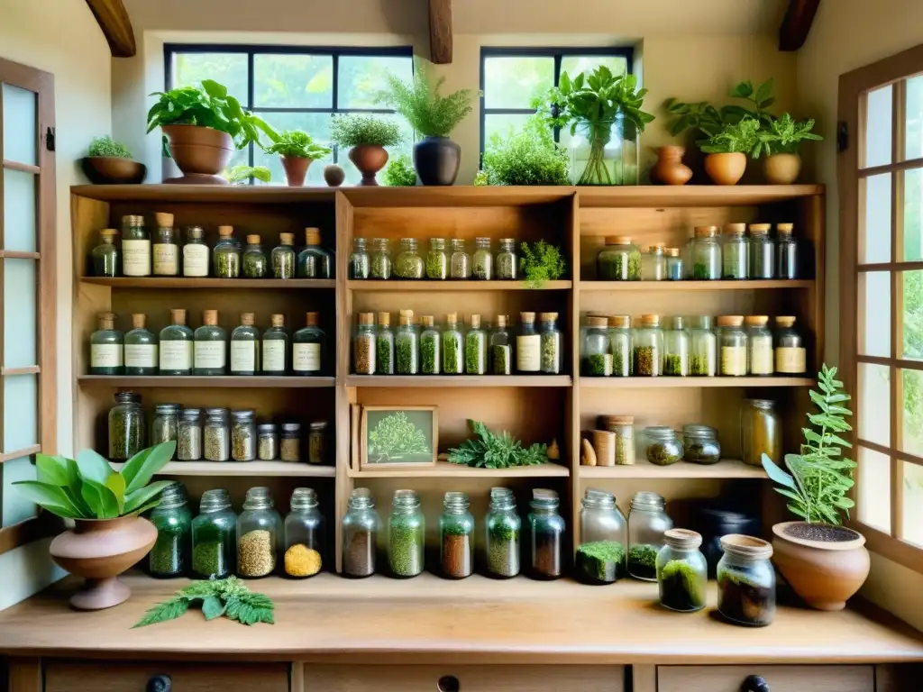 Una apotecaria antigua rebosante de plantas medicinales y libros antiguos