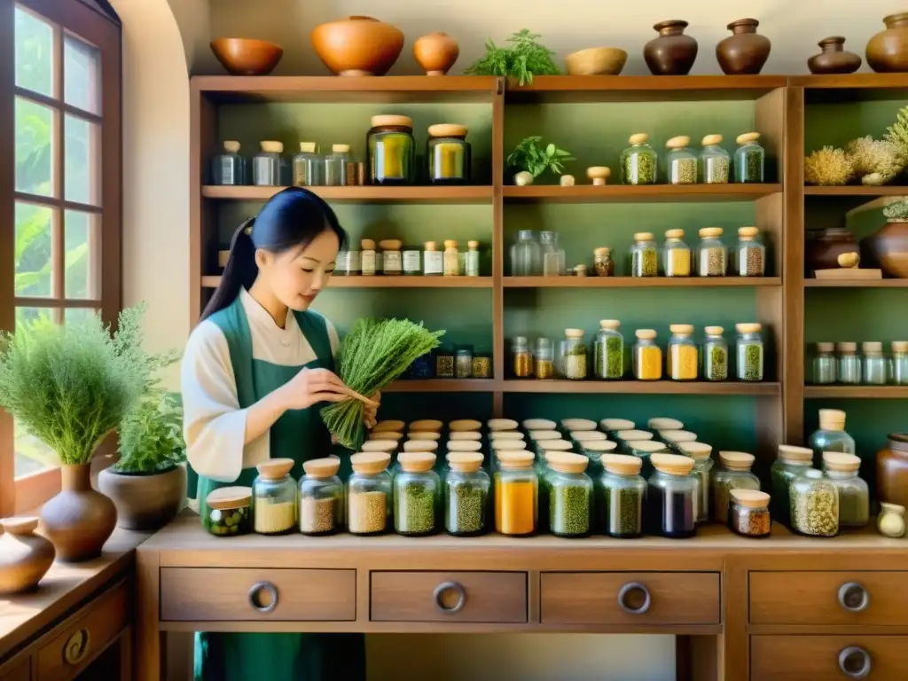 Un apotecario chino antiguo brinda sabiduría en un ambiente tranquilo, rodeado de plantas medicinales antiguas de China