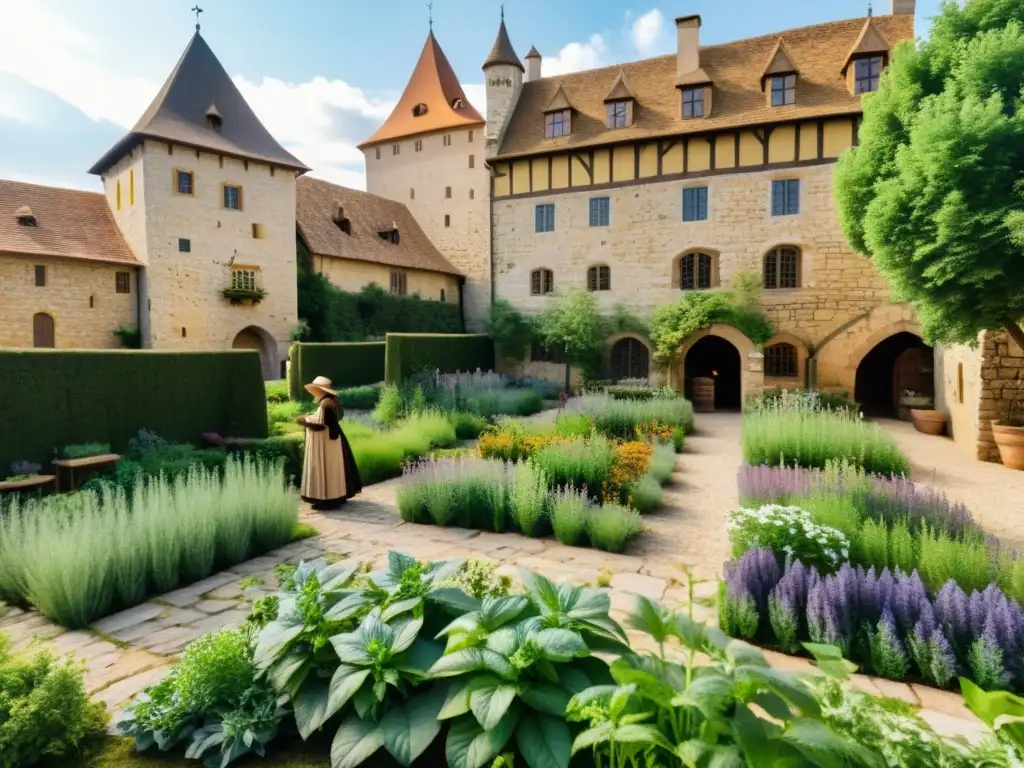 Un apotecario sabio prepara remedios naturales en un jardín medieval con hierbas aromáticas