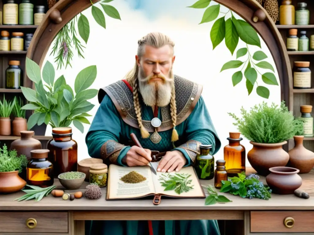 Un apotecario vikingo elabora una pócima con hierbas medicinales escandinavas en una ilustración acuarela detallada