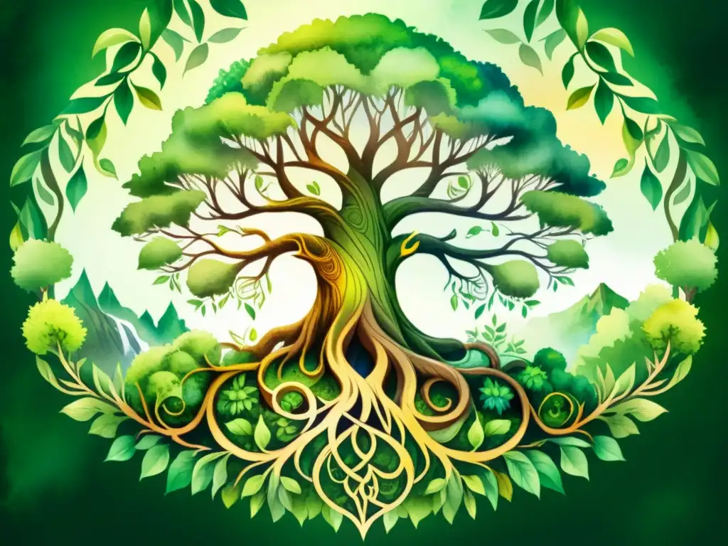 Yggdrasil, el Árbol del Mundo de la mitología nórdica, con plantas medicinales y criaturas místicas entre sus ramas y raíces