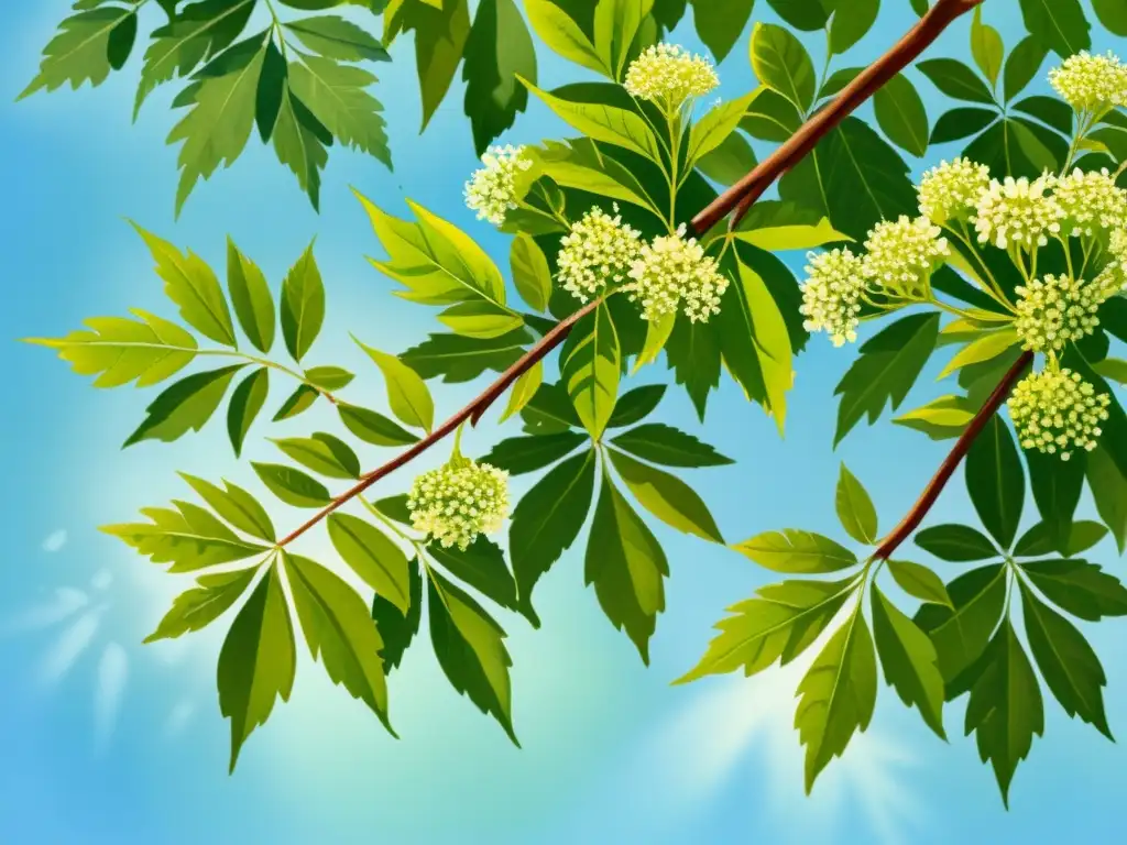 Un árbol de neem en plena floración, con vibrantes hojas verdes y delicadas flores blancas