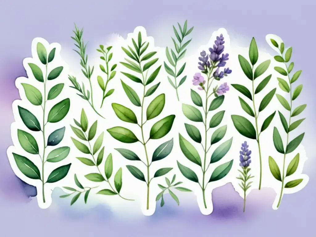 Una armoniosa ilustración acuarela de plantas aromáticas como lavanda, eucalipto, romero y menta, que evoca tranquilidad y belleza natural