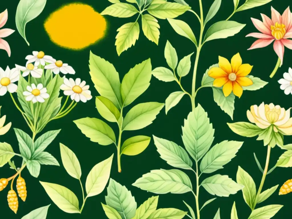 Armoniosa ilustración de plantas medicinales para dieta FODMAP en un jardín detallado de acuarela, emanando tranquilidad y vitalidad