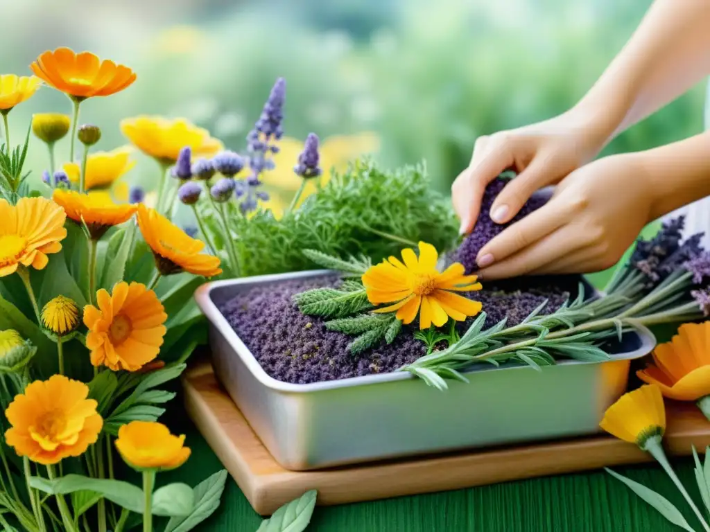 Arte acuarela de hierbas medicinales como lavanda, manzanilla y caléndula siendo preparadas en pomadas medicinales