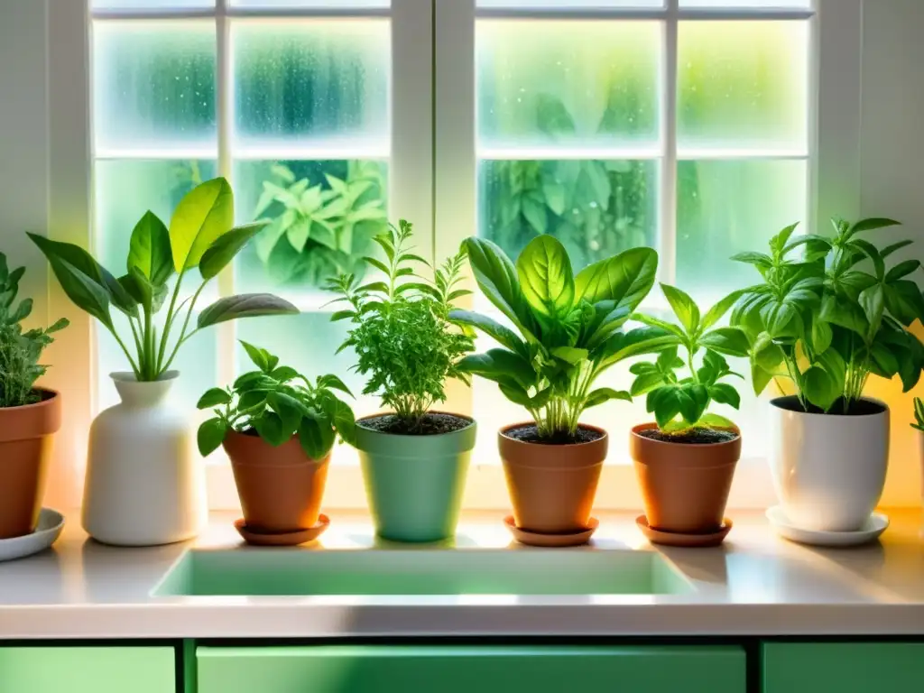 Arte acuarela de plantas medicinales en la cocina, invitando a incorporarlas en recetas