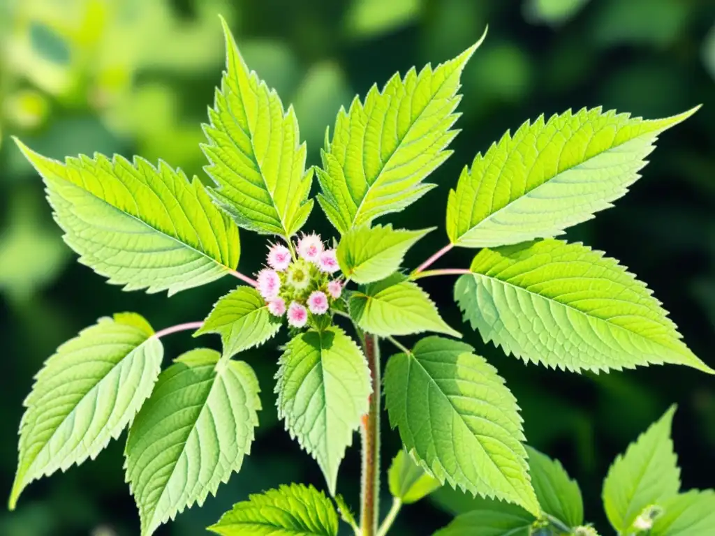 Una asombrosa pintura detallada de una exuberante planta de ortiga, con hojas dentadas y pequeñas flores rosadas y blancas