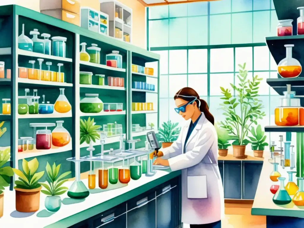 Avances en farmacognosia para enfermedades: Ilustración detallada de un laboratorio farmacéutico moderno, científicos trabajando con equipos de alta tecnología, extractos de plantas y compuestos químicos, iluminado por la cálida luz natural