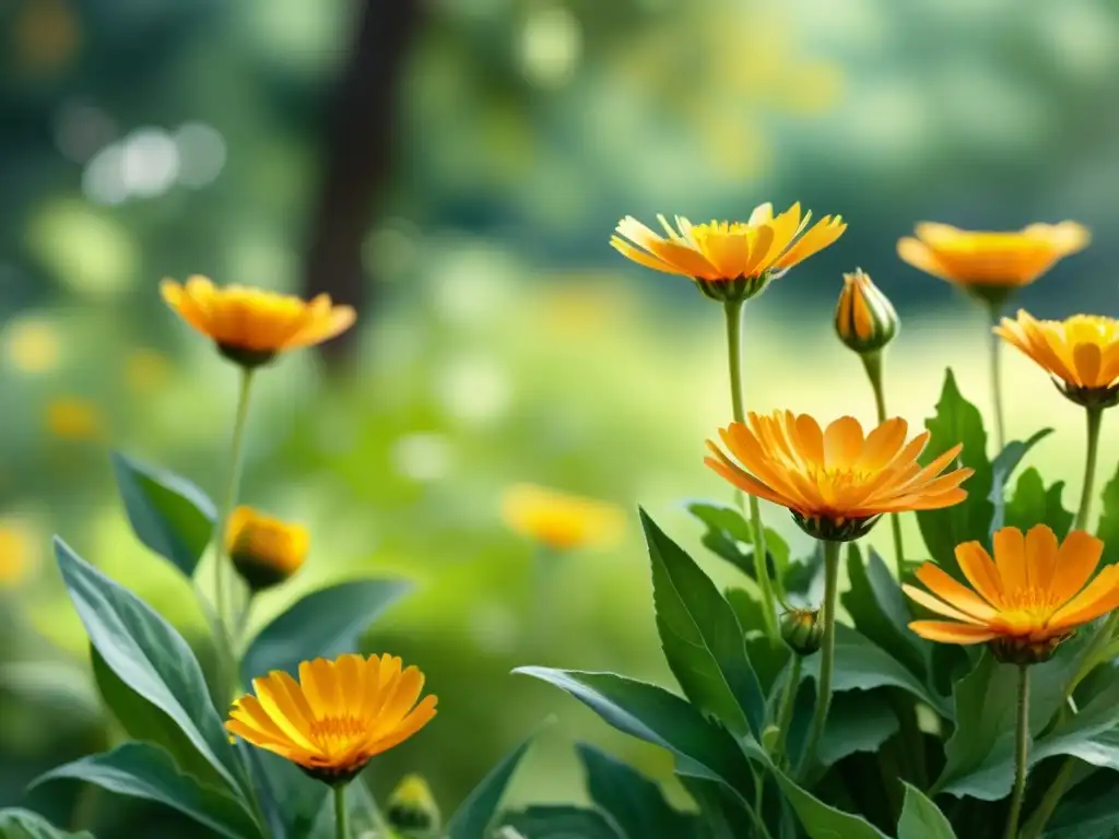 Bálsamo natural para piel sensible: Ilustración serena de un exuberante jardín con vibrantes flores de caléndula, bañadas por la cálida luz del sol