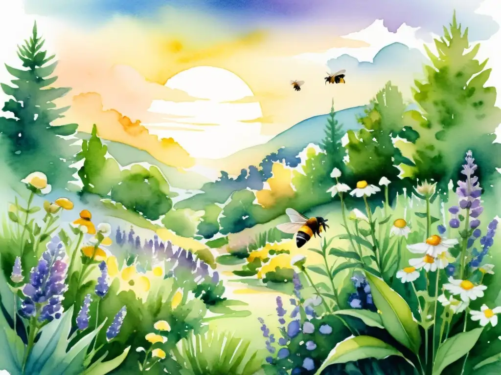 Jardín medicinal: Serenidad y belleza natural Una bella ilustración acuarela de un jardín exuberante con hierbas medicinales como lavanda, manzanilla, valeriana y pasiflora