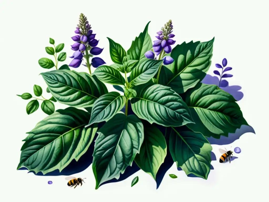 Bellas ilustraciones acuareladas de albahaca sagrada con flores moradas y hojas verdes, rodeada de un jardín tranquilo