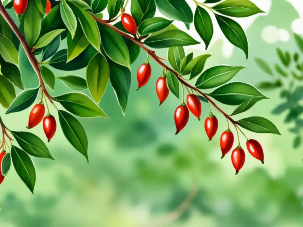 Bellas plantas de bayas goji en acuarela, resaltando su belleza natural y la serenidad de un jardín soleado