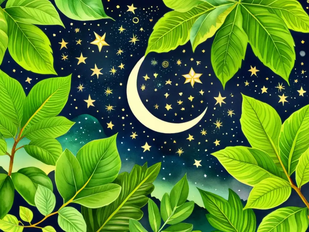 Belleza nocturna en la selva amazónica con la planta guayusa, ilustración detallada