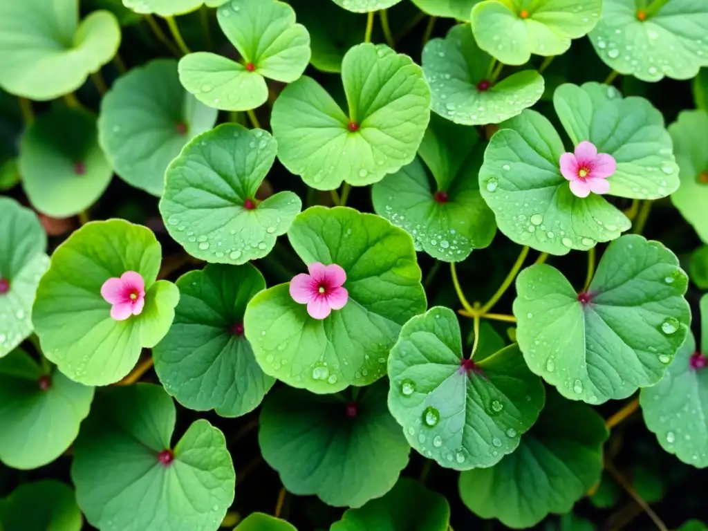 Un bello acuarela de Centella asiática con hojas redondeadas y flores rosadas, rodeada de rocío