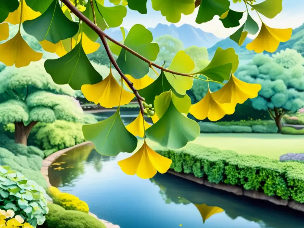 Bello ilustración acuarela de un árbol de Ginkgo Biloba en plena floración, evocando serenidad y los beneficios para la memoria y concentración