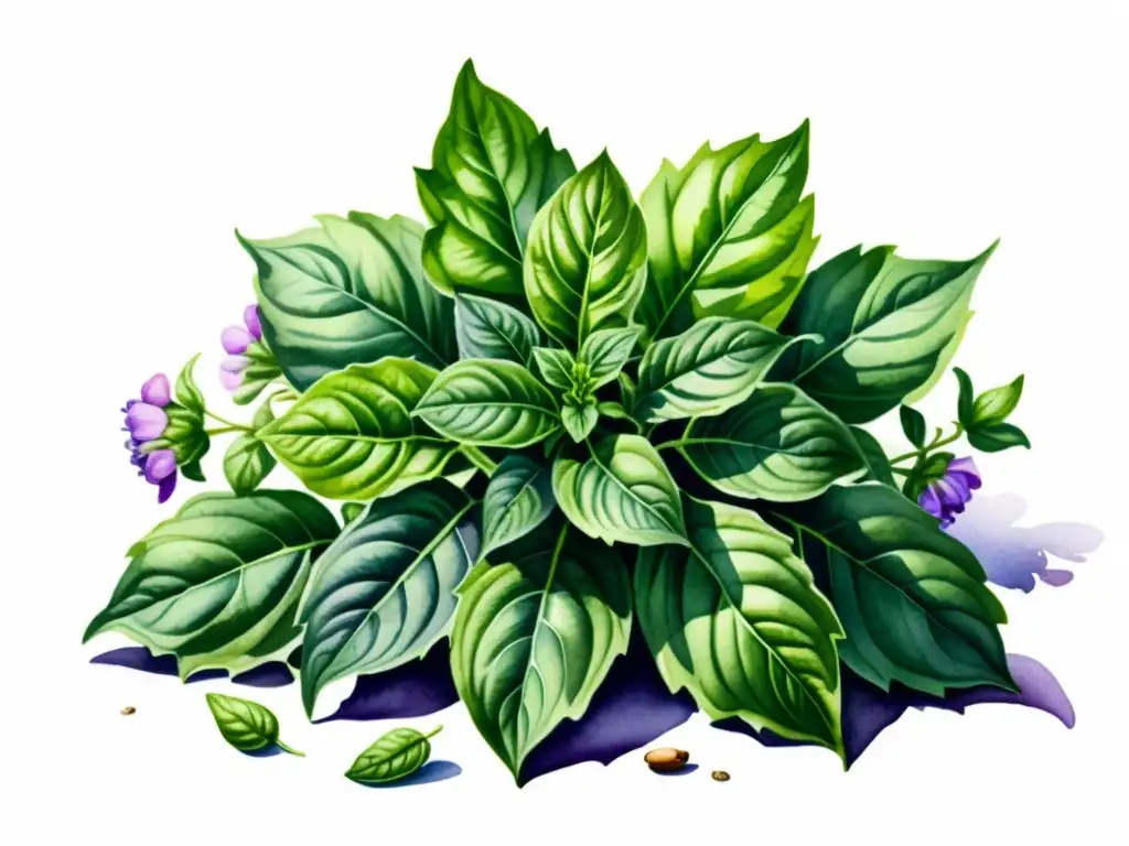 Bello dibujo de albahaca sagrada con flores moradas y abejas, evocando sus beneficios terapéuticos