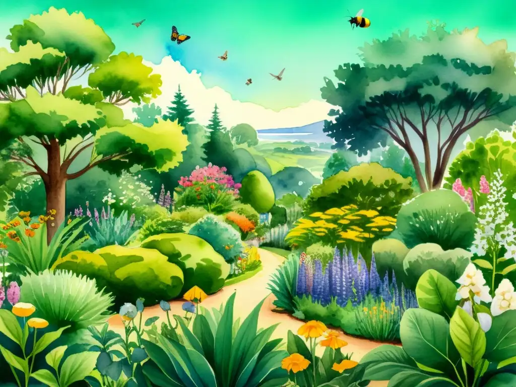 Un jardín biodiverso con plantas medicinales y vida animal, ilustrado en acuarela