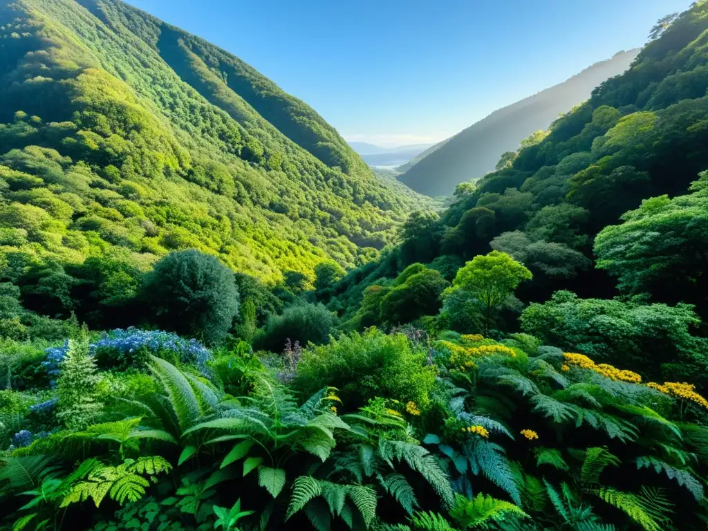 Un bosque exuberante y diverso, con plantas medicinales, colinas y cielo azul