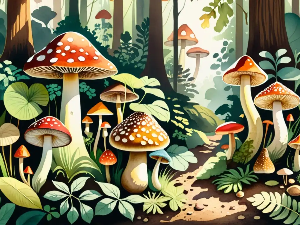 Un bosque exuberante lleno de hongos de variadas formas y colores