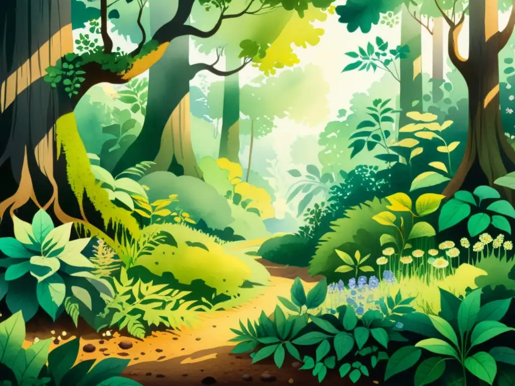 Ilustración acuarela 8k de un bosque exuberante lleno de plantas medicinales, con animales y luz solar filtrándose