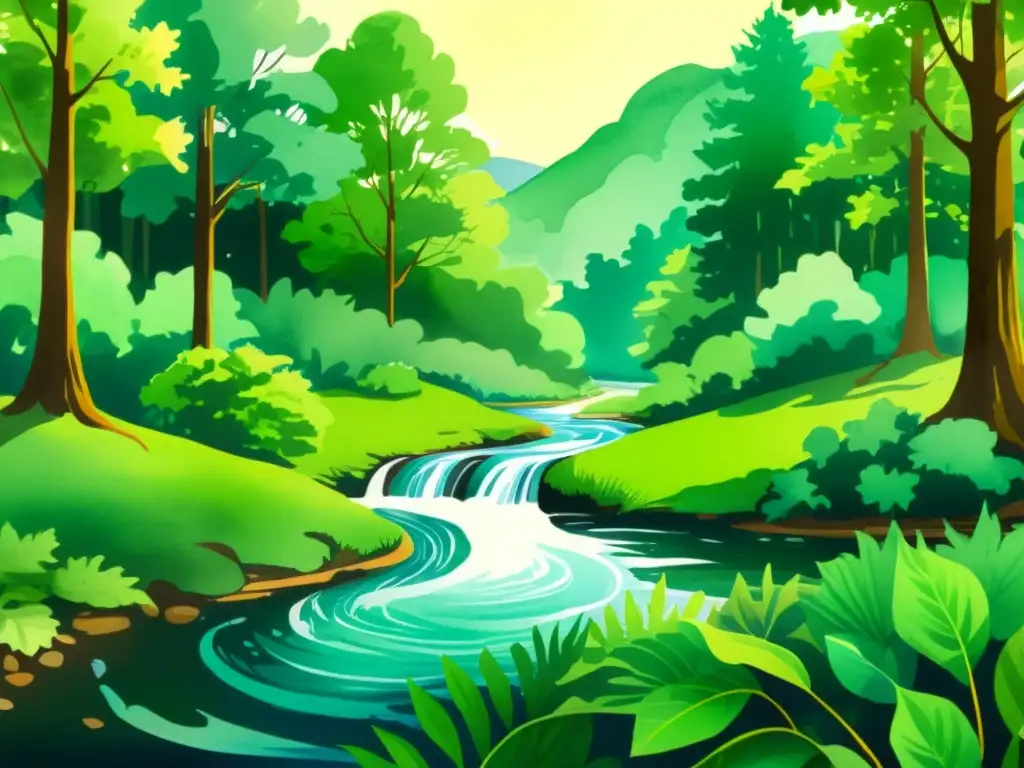 Un bosque exuberante y sereno con un arroyo tranquilo, evocando paz y belleza natural