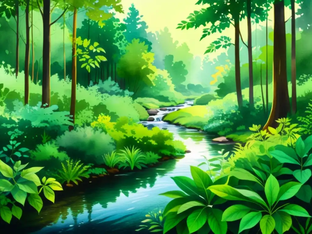 Un bosque exuberante y sereno, lleno de plantas medicinales detalladas con acuarelas vibrantes