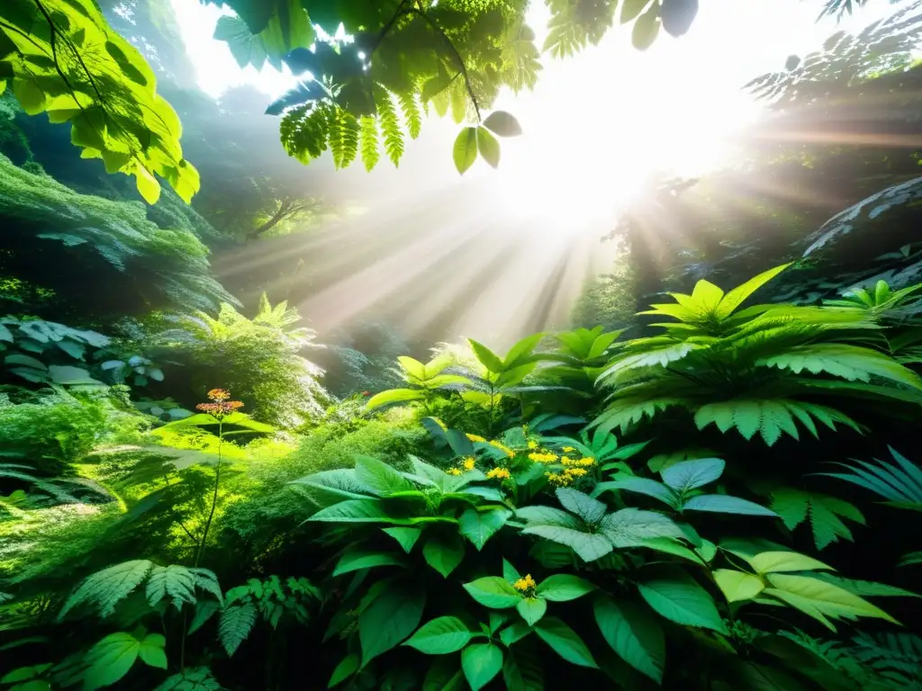 Un bosque exuberante y vibrante, lleno de plantas medicinales en flor, destila armonía y sostenibilidad en su impacto ambiental