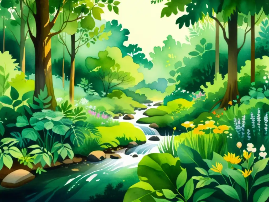 Biodiversidad medicinal: Ilustración acuarela de un exuberante bosque Un bosque exuberante y vibrante repleto de plantas medicinales