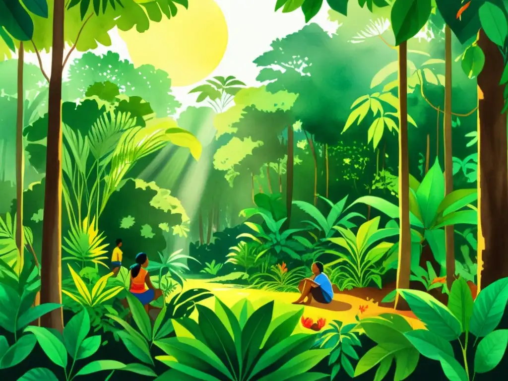 Un bosque tropical exuberante con plantas medicinales y personas indígenas interactuando, mostrando el uso y manejo de plantas medicinales