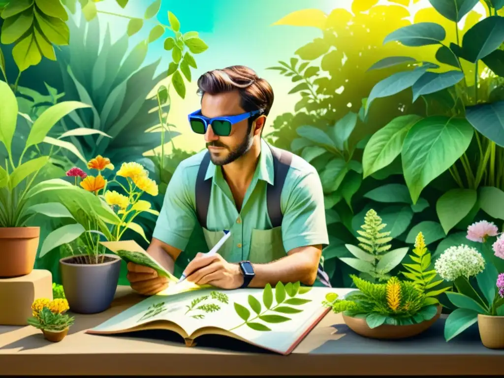 Un botánico utiliza gafas de realidad aumentada para estudiar un jardín botánico