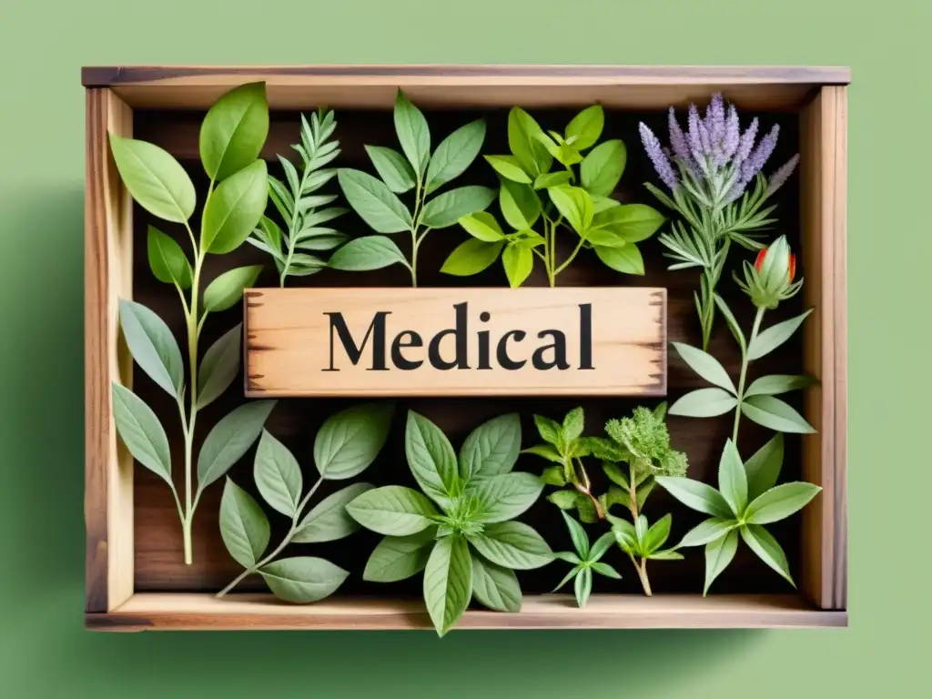 Un botiquín herbal casero con una variedad de plantas medicinales en una caja rústica de madera, bañado por la luz del sol