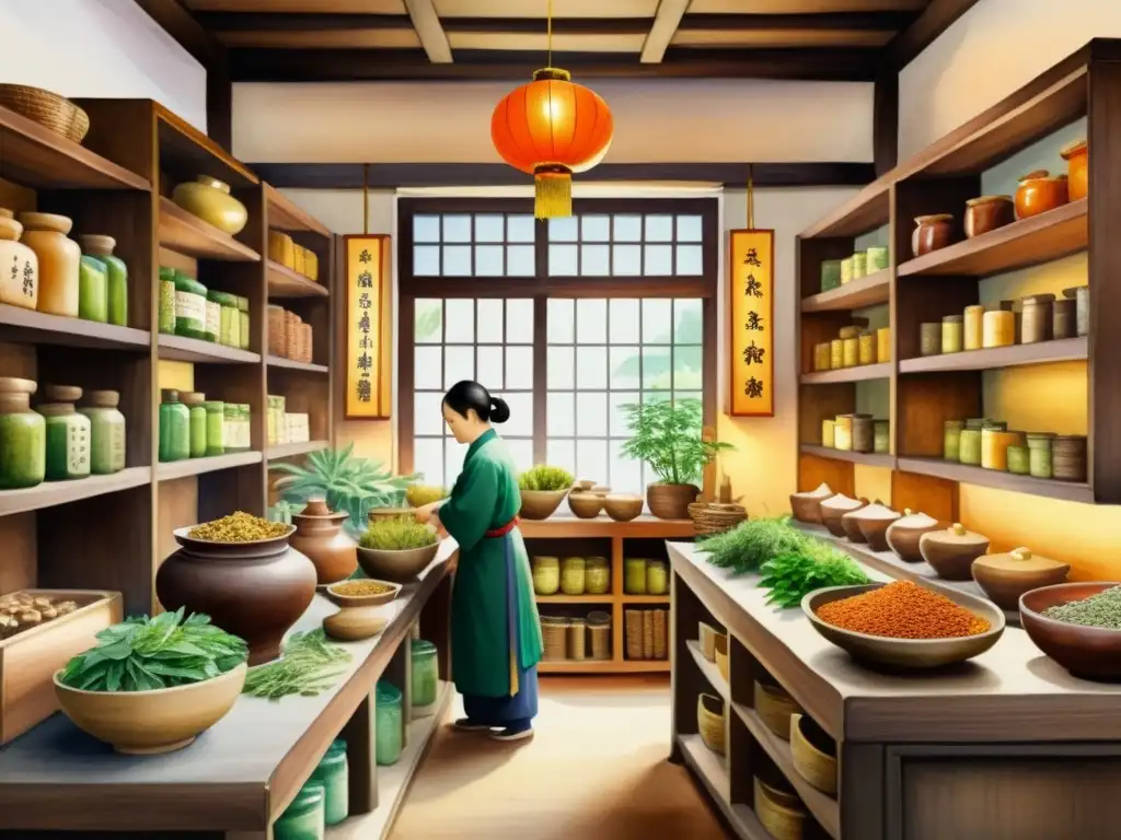 Una bulliciosa tienda de hierbas medicinales chinas, con clientes y herbolarios seleccionando y preparando plantas medicinales