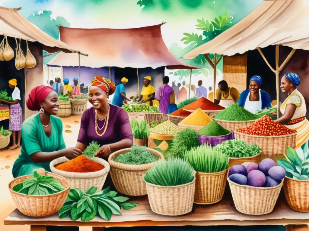 Un bullicioso mercado africano con vendedores de plantas medicinales y hierbas, colores vibrantes y paisaje africano