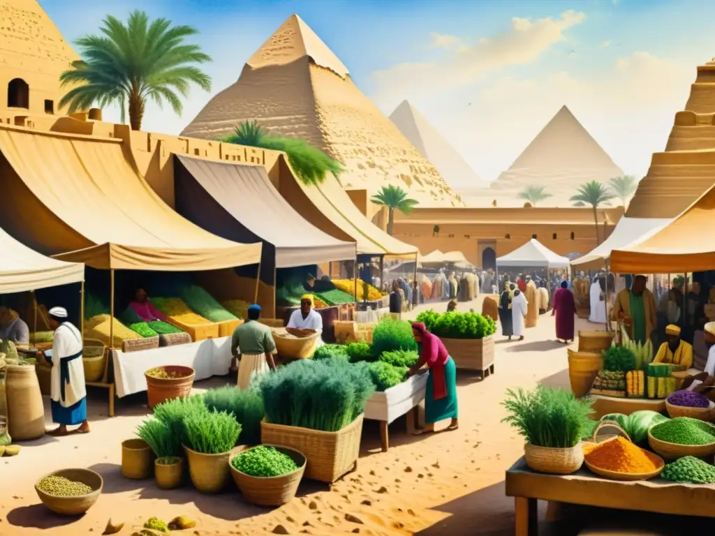 Un bullicioso mercado del Antiguo Egipto con colores vibrantes y detalles intrincados captura la esencia de la herbolaria en el Antiguo Egipto