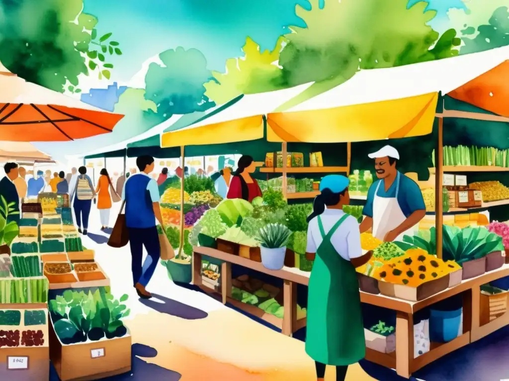 Un bullicioso mercado con puestos de plantas medicinales, clientes y vendedores conversando animadamente entre colores cálidos y sombras