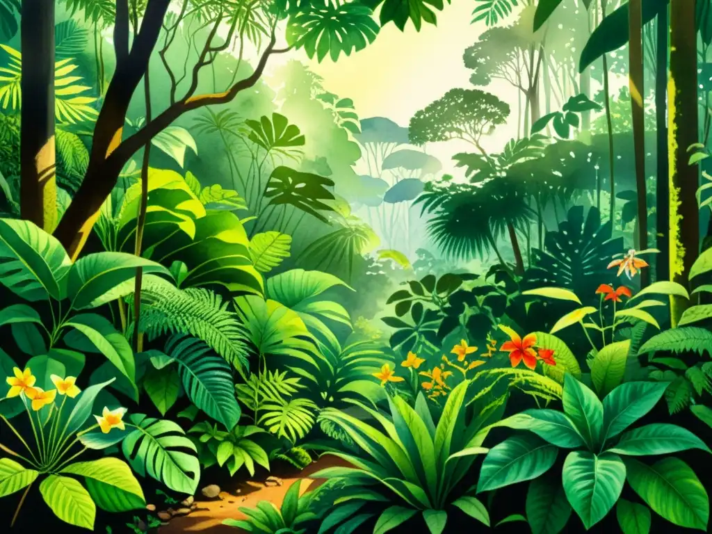 Exploración en busca de especies medicinales en la exuberante selva tropical, con plantas y flores vibrantes en detalle acuarela