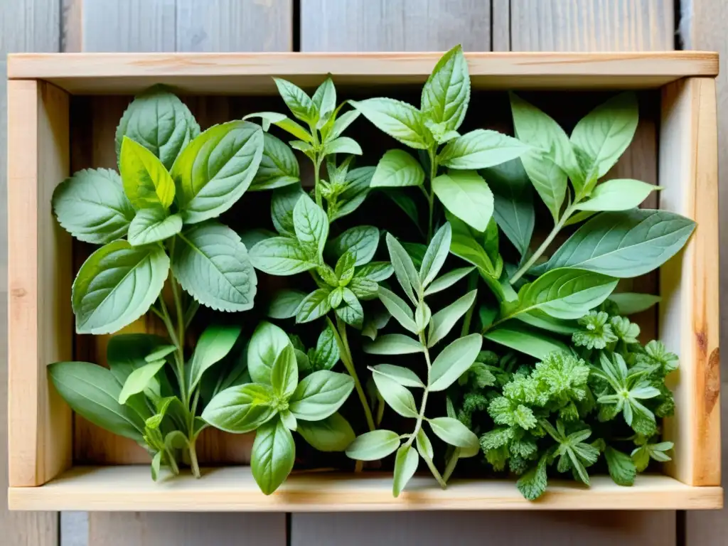 Una caja de madera rústica llena de hierbas frescas como albahaca, cilantro, menta y romero, bañadas por la luz del sol