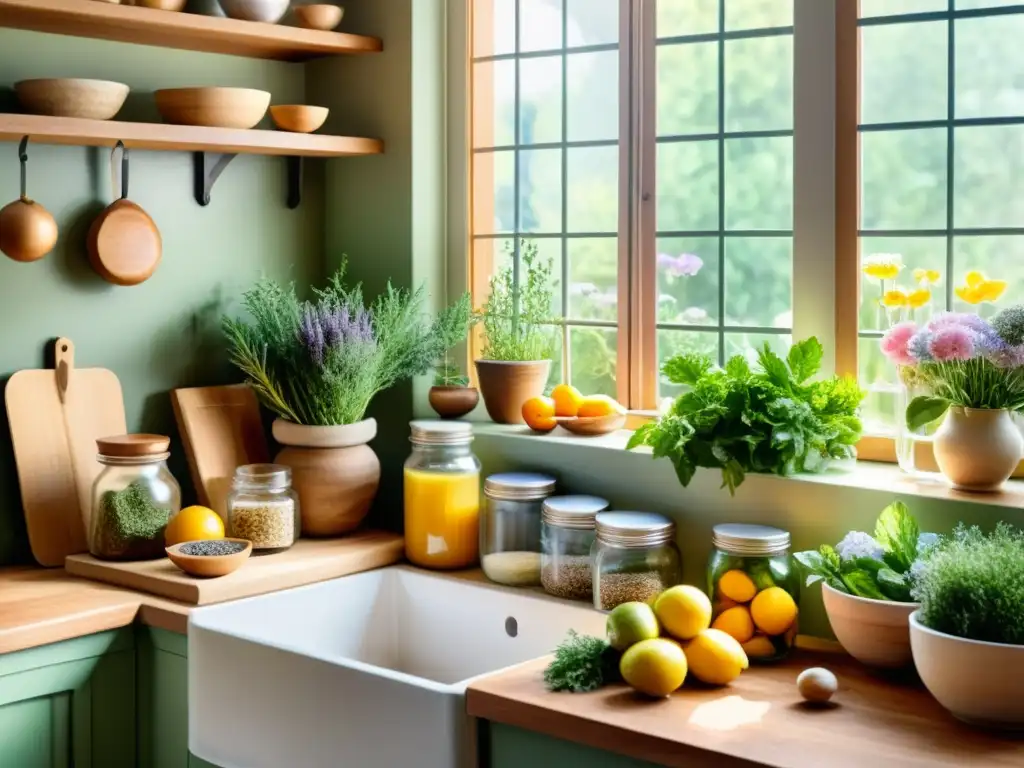 Un cálido ambiente de cocina con productos naturales, iluminado por la mañana